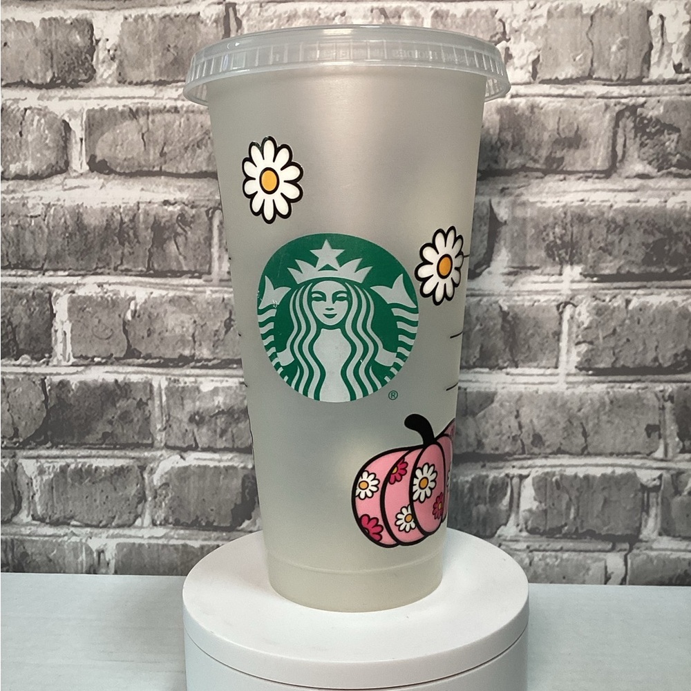 Starbucks Fall pink‎ pumpkins cold cup w/ SB green straw 24oz